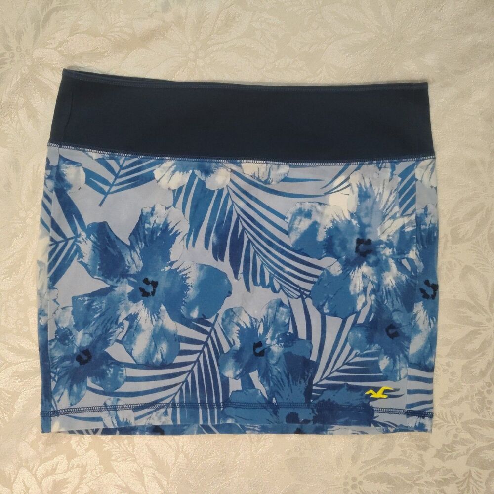 Hollister Blue Tropical Floral Palm Mini Skirt Wide Waistband Zip Up Back Size M